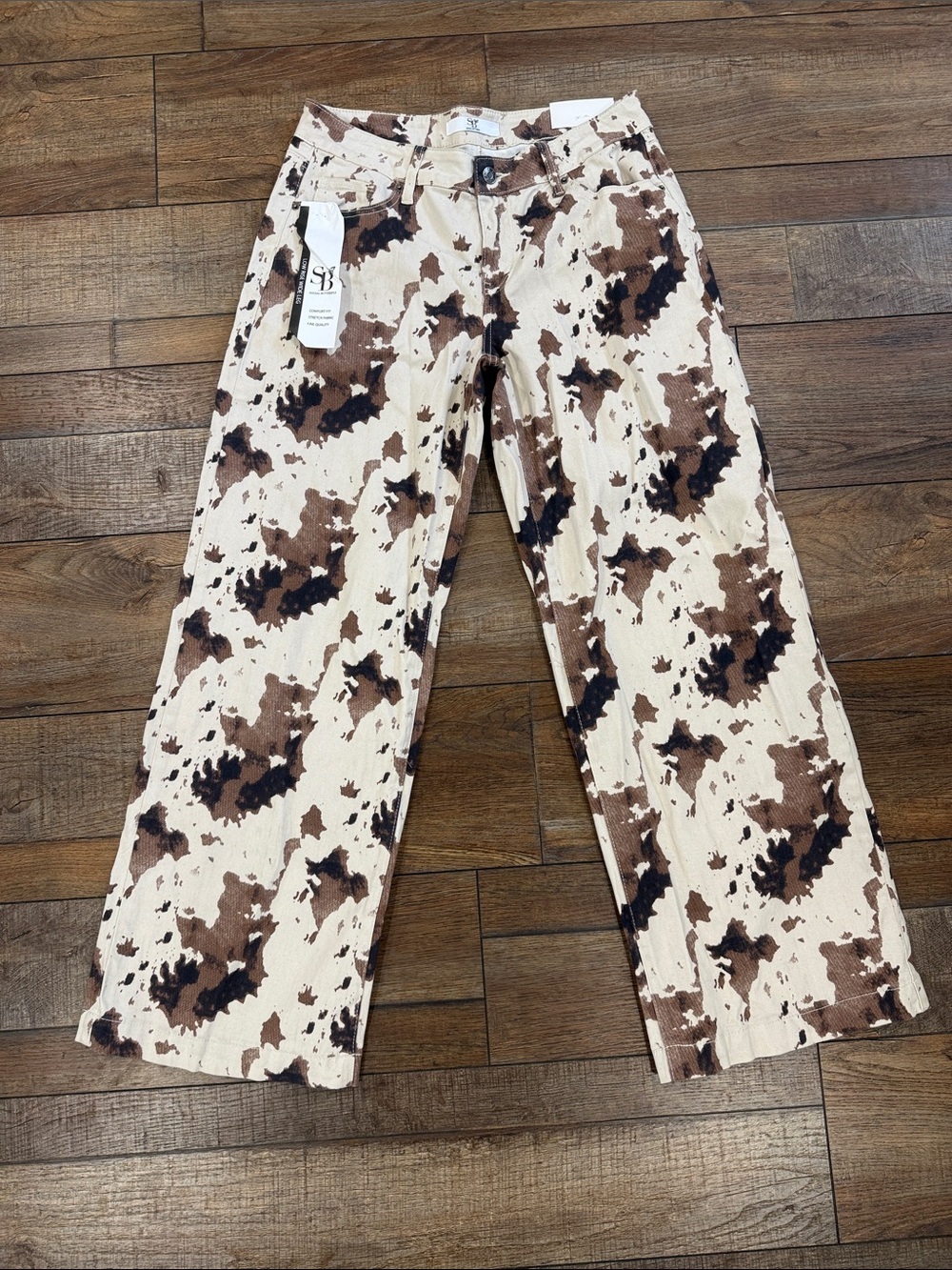 Cow Print Wide Leg Jeans - Brown & Cream